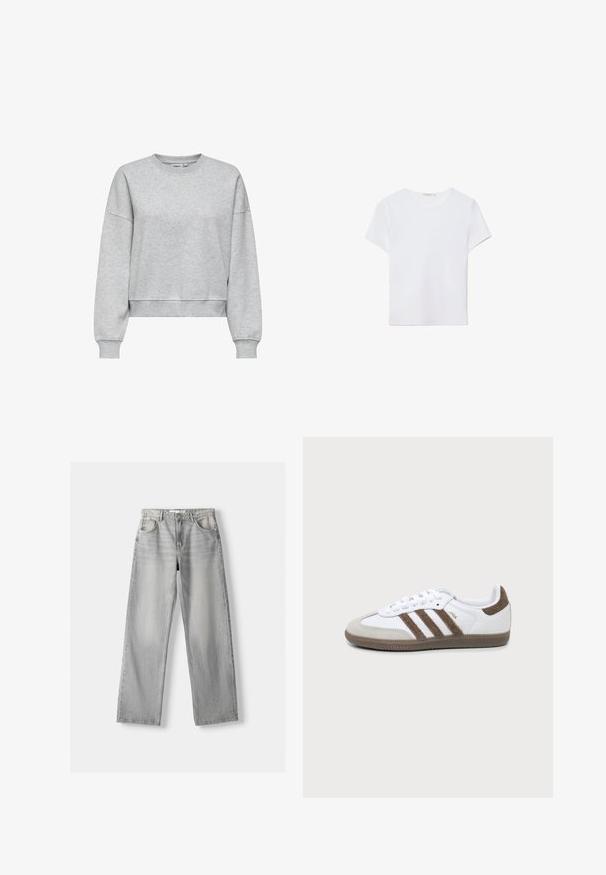 ONLY ONLBEST L/S CREW NECK SWT NOOS - Sweatshirt - light grey melange; Hvid kortærmet t-shirt lavet af blødt stof. Har en rund halsudskæring og et simpelt, rent design med en lige underkant.; Lys grå denim jeans med lige pasform, der har to frontlommer, en knappelukning og diskrete slidser for tekstur.; Hvid og brun Adidas Samba sneaker med tre brune striber, snørebånd og tekstureret sål vist fra siden på en ensfarvet baggrund.