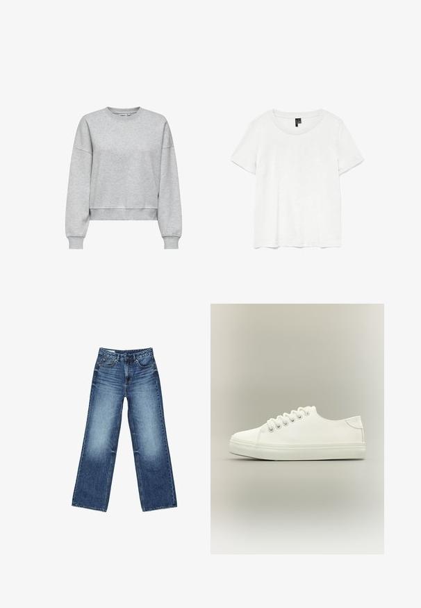 ONLY ONLBEST L/S CREW NECK SWT NOOS - Sweatshirt - light grey melange; Hvid kortærmet t-shirt med rund halsudskæring, lavet af letvægtsstof. Enkel design, glat tekstur og lige kant.; Blå denimjeans med høj talje, forreste knap og lynlås, lommer foran og bagpå samt en let falmet vask.; Hvid lavtop sneaker med hvide snørebånd og gummisål vist fra siden på en neutral baggrund.