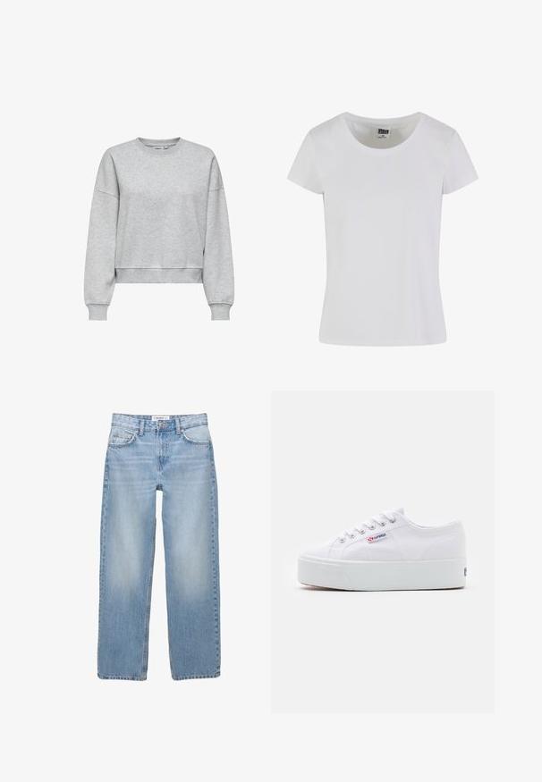 ONLY ONLBEST L/S CREW NECK SWT NOOS - Sweatshirt - light grey melange; Hvid, kortærmet t-shirt lavet af bomuld. Har en rund halsudskæring og en tætsiddende form. Lappen læser "URBAN CLASSICS."; Lyseblå denimbukser med lige ben, fem-pockets stil og synlige syninger. Stofmaterialet har en blød, let falmet tekstur.; Hvide canvas sneakers med en tyk hvid platformssål, rund tå og metaløjelets til snørebånd. Mærkets logo præsenteret på siden.