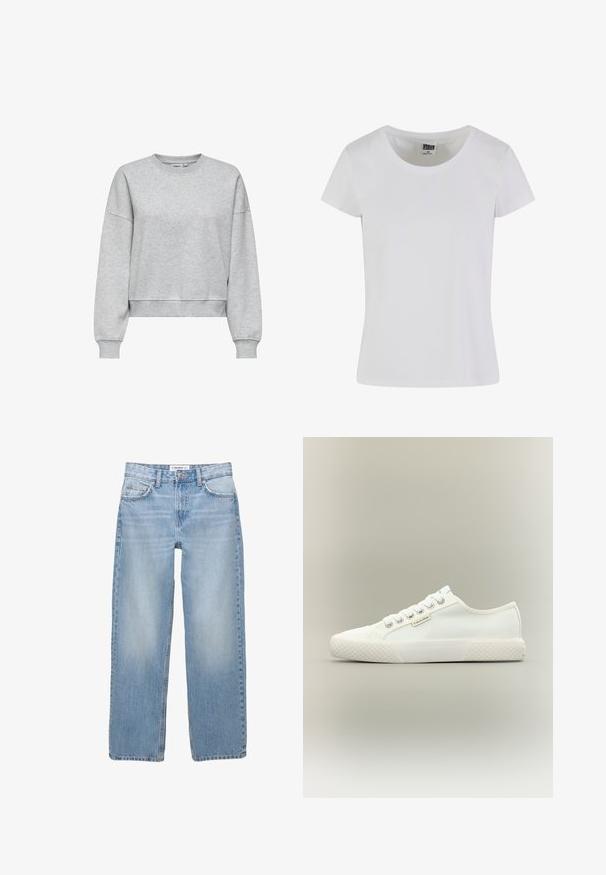 ONLY ONLBEST L/S CREW NECK SWT NOOS - Sweatshirt - light grey melange; Hvid, kortærmet t-shirt lavet af bomuld. Har en rund halsudskæring og en tætsiddende form. Lappen læser "URBAN CLASSICS."; Lyseblå denimbukser med lige ben, fem-pockets stil og synlige syninger. Stofmaterialet har en blød, let falmet tekstur.; Hvid lavtopet lærreds-sneaker med tekstureret gummisål, hvide snørebånd og lille Calvin Klein-mærke på siden.
