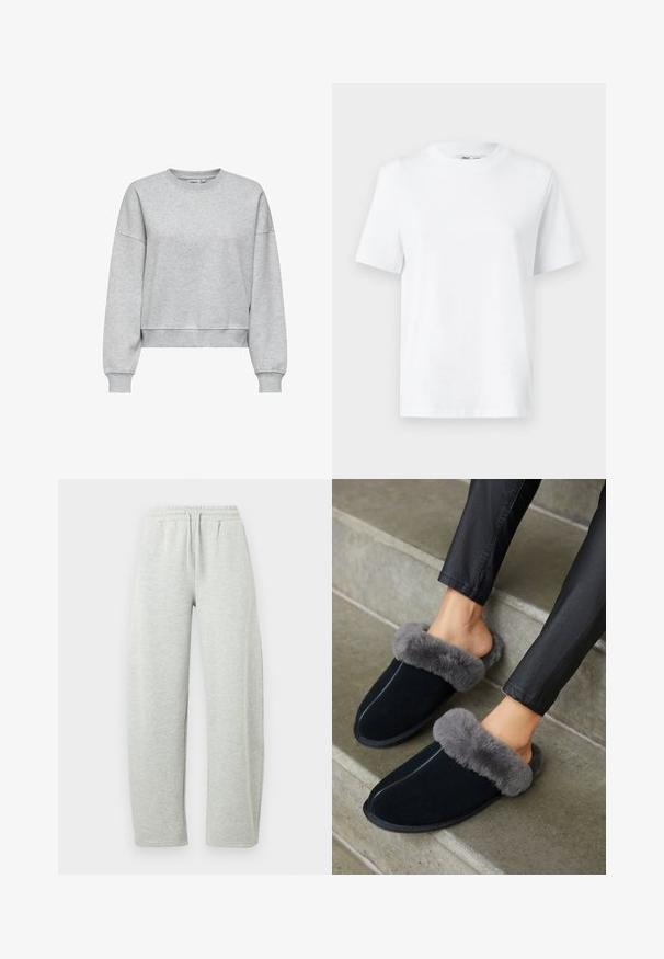 ONLY ONLBEST L/S CREW NECK SWT NOOS - Collegepaita - light grey melange; Valkoinen puuvillainen T-paita pyöreällä kaula-aukolla, jossa on lyhyet hihat ja sileä pinta. Suunniteltu rennoksi mukavuuden ja monikäyttöisyyden vuoksi.; Vaaleanharmaat collegehousut, joissa on joustava vyötärönauha ja kiristysnauha. Kangas on pehmeäpintainen, ja housuissa on suorat, väljät lahkeet.; Mustat mokkanahkaiset tossut, joissa on harmaa tekoturkiskäänne, pyöreä kärki ja kontrastivärinen ommel. Pehmeä rakenne ja helposti päälle laitettavuus tekevät niistä mukautuvat.