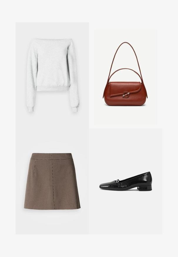 Harmaa huppari, jossa on olkapäiden yli ulottuva malli, pitkät hihat ja ribbaatut hihansuut. Valmistettu pehmeästä kankaasta ja lyhennetty helma.; Mini skirt dengan pola houndstooth coklat dan hitam, memiliki potongan lurus dan detail jahitan depan, di atas latar belakang putih.; Musta patenttinahelska ballerinat, joissa on terävä kärki, matala neliön muotoinen korko ja pieni metallinen solki yksityiskohtana vyössä. Sujuva rakenne.; Ruskea nahkainen olkalaukku, jossa on pyöristetyn suora suorakulmainen muoto, epäsymmetrinen läppä, hopeanvärinen pyöreä solki ja kaksi ohutta hihnaa.