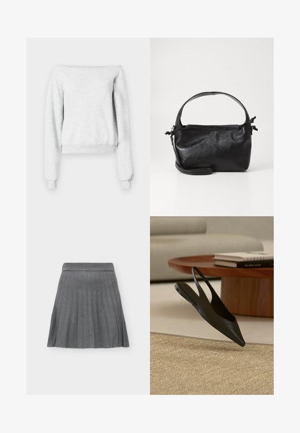 Γκρι φούτερ με off-the-shoulder σχέδιο, μακριά μανίκια και ριμπ μανσέτες. Φτιαγμένο από μαλακό ύφασμα με κοντή γραμμή.; Γκρι πλισέ φούστα με φαρδιά μέση, μήκος μέχρι τα γόνατα, κατασκευασμένη από μαλακό ύφασμα, εμφανίζεται σε απλό ανοιχτό φόντο.; Μαύρο επίπεδο παπούτσι με μυτερή μύτη και λουρί στη φτέρνα κοντά σε ξύλινο στρογγυλό τραπέζι με στοιβαγμένα βιβλία σε μπεζ χαλί σε μοντέρνο σαλόνι.; Μαύρη δερμάτινη τσάντα με δομικό σχέδιο, στρογγυλή λαβή από πάνω και αποσπώμενο λουρί ώμου. Διαθέτει λεία υφή και διακριτική γυαλάδα.