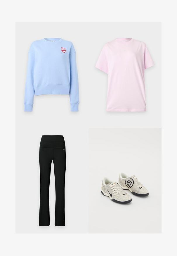 Világoskék környakas pulóver hosszú ujjal, a mellkason egy kis piros szív logóval és "To You Love: Nike" felirattal.; Világos rózsaszín rövid ujjú, kerek nyakú Nike póló, középen a mellrészen egy kis fehér Nike logóval, sima háttér előtt bemutatva.; Fekete sportnadrág, szűkített derékkal és bővülő szárakkal. Rugalmas anyagból készült, oldalán kis logóval díszítve.; Nike sneaker bézs és szürke textúrával ellátott felsőrésszel, fekete kiegészítőkkel, egy nagy "90" logóval és fehér fűzős záródással. Fekete talp.