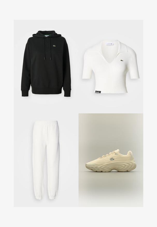 Sudadera negra de tejido suave, con bolsillo tipo canguro, capucha con cordón y un pequeño logo verde de Lacoste en el pecho.; Camisa polo corta de rayas blanca con cuello en V, mangas cortas y un logo de cocodrilo verde de Lacoste en el lado izquierdo del pecho. Etiqueta negra en el dobladillo.; Pantalones de chándal blancos hechos de un suave tejido de punto. La cintura y los puños elásticos ofrecen un ajuste relajado. Diseño minimalista, sin patrones o acentos visibles.; Zapatilla deportiva beige claro con suela gruesa y ondulada, diseño con cordones y pequeño logotipo de cocodrilo en el lateral, mostrada sobre un fondo neutro.