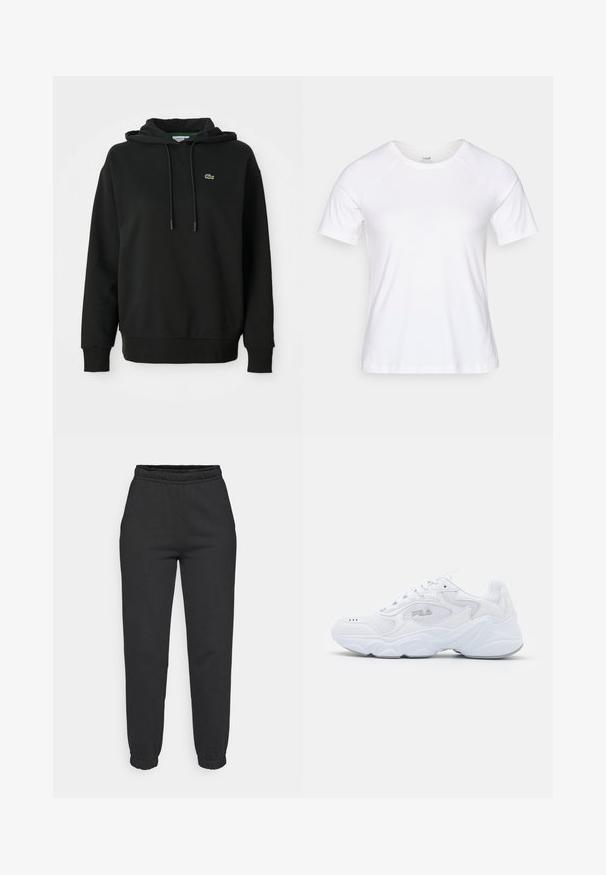 Čierna mikina s kapucňou vyrobená z jemného materiálu, so stredovou vreckom, šnúrkou na kapucni a malým zeleným logom Lacoste na hrudi.; Biele tričko s krátkym rukávom vyrobené z jemnej zmesi bavlny, s okrúhlym výstrihom a raglánovými rukávmi, hladká textúra bez vzorov.; Čierne zúžené tepláky s elastickým pásom a manžetami, predné vrecká, vyrobené z mäkkého materiálu.; Biele športové topánky s textúrovaným sieťovaným zvrškom, polstrovaným golierom a výraznou podrážkou. Obsahuje logo na boku a šnurovanie.