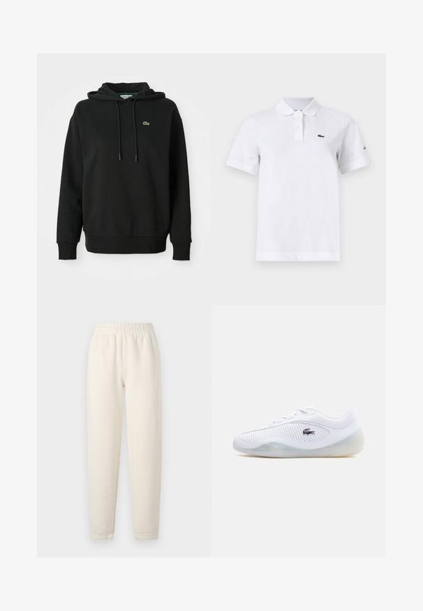 Mustlane kapuuts, mis on valmistatud pehmest kangast, sisaldab känguru taskut, reguleeritavat kapuutsi ning rinnal on väike roheline Lacoste logo.; Valge lühikeste varrukatega polo-särk, millel on kaks nööpi, väike roheline krokodilli logo vasakul rinnal ja diskreetne must logo vasakul varrukal.; Kreemjatavad dressipüksid pehmest kangast. Omavad elastset vööd ja kitsenevat jala disaini koos peente õmblusteadetega.; Valged madala lõikega tossud õhukeste külgedega, läbipaistev tald, paelad ja must Lacoste krokodillilogo väljaspool.