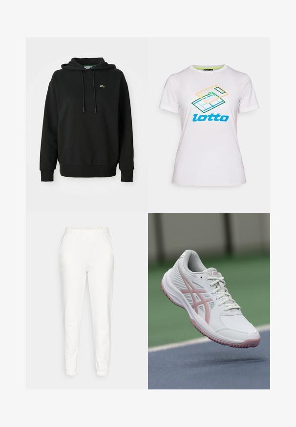 Čierna mikina s kapucňou vyrobená z jemného materiálu, so stredovou vreckom, šnúrkou na kapucni a malým zeleným logom Lacoste na hrudi.; Biela krátky rukáv tričko vyrobené z bavlny, s farebnou geometrickou grafikou a modrým logom "lotto" na prednej strane.; Biele zúžené tepláky s elastickým pásom a manžetami, s bočnými vreckami, vystavené na jednoduchom pozadí.; Biele športové topánky s ružovými akcentmi, syntetický materiál, zaoblený špička, sieťovinové bočné panely a texturovaná podrážka. Viditeľné šnurovanie v prednej časti a značka ASICS.