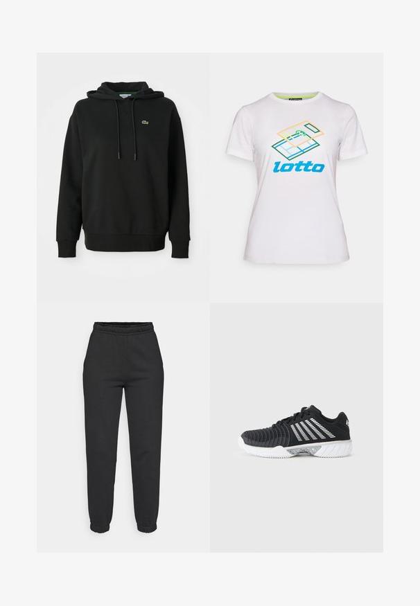 Mustlane kapuuts, mis on valmistatud pehmest kangast, sisaldab känguru taskut, reguleeritavat kapuutsi ning rinnal on väike roheline Lacoste logo.; Valge lühikeste varrukatega t-särk, mis on valmistatud puuvillast, ja millel on esiküljel värviline geomeetriline graafika ning sinine "lotto" logo.; Mustad kitsad dressipüksid elastse vöökoha ja mansettidega, esikoti peal, pehmest kangast.; Mustad athletikajalanõu valge haardepõhjaga, diagonaalsete valgete triipudega küljel, tekstuurse ninaosaga ja paeltega kinnihoidmisega hallil taustal.