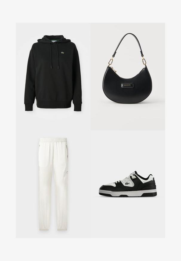 Sort hættetrøje lavet af blød stof, med en kængurulomme, snoretræk i hætten og et lille grønt Lacoste-logo på brystet.; Lyscremede joggers med elastisk talje, tætsiddende manchetter, sidelommer og lynlåsdetaljer. Glat, let skinnende stoffinish.; Low-top sort-hvide Lacoste sneaker med snørelukning og logo på siden, vist fra ydersiden på en ensfarvet baggrund.; Sort halvmåneformet håndtaske med guldfarvet hardware, lynlåslukning på toppen, kort rem og „LACOSTE“ logo-plakette centreret på fronten.