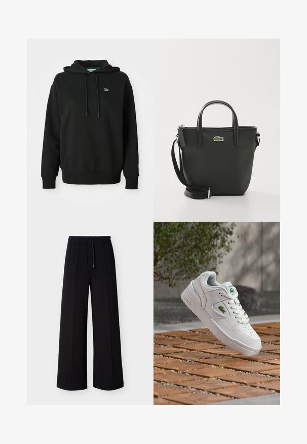 Sudadera negra de tejido suave, con bolsillo tipo canguro, capucha con cordón y un pequeño logo verde de Lacoste en el pecho.; Pantalones negros de pierna ancha hechos de tela suave, con una cintura elástica con cordón y costuras laterales para un ajuste relajado.; Zapatilla blanca de Lacoste con logotipo de cocodrilo verde, cordones blancos y puntera perforada, suspendida sobre una superficie exterior de madera y piedra.; Bolso tote sintético negro con asas superiores dobles, correa de hombro desmontable, cierre de cremallera y un acento del logo del cocodrilo verde de Lacoste.