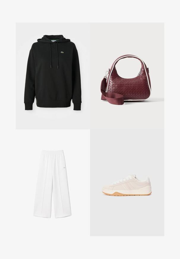 Mustapaita, joka on valmistettu pehmeästä kankaasta, varustettu kengurupussilla, nauhalla säädettävä huppu ja pieni vihreä Lacoste-logo rinnassa.; Valkoiset leveälahkeiset housut, joissa on joustava vyötärönauha, pehmeä kangas, keskilaskokset ja pieni Lacoste-logomerkki brodeerattuna sivulle.; Valkoinen sametti- ja nahkakengät, joissa on kuminen ulkopohja, pyöreät nauhat, sivuopasteet ja minimalistinen muotoilu.; Tummanpunainen kudottu nahkainen käsilaukku kaarevalla kahvalla, valkoisella reunuksella, hopeisella vetoketjulla ja irrotettavalla leveällä kangasolkaimella yksivärisellä taustalla.