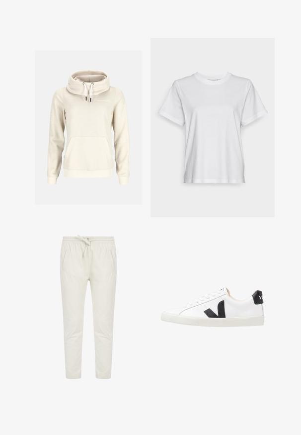 Beigefarbener Hoodie mit langen Ärmeln, hohem Kragen, weißen Kordeln, Kängurutasche vorn und kleinem "Swedemount"-Logo auf der Brust.; Weißes Baumwoll-T-Shirt mit kurzen Ärmeln, Rundhalsausschnitt und lässigem Schnitt. Glatte Textur, keine Muster oder Grafiken, einfaches Design.; Helle beiger, tapered Schnitt Hose aus weichem Material mit elastischem Bund, verstellbarem Kordelzug und zwei Seitentaschen.; Weißer Sneaker mit einem schwarzen V-Logo, ausgestattet mit einem glatten Lederoberteil, runder Zehenpartie, Schnürverschluss und kontrastierendem schwarzen Fersenbereich.