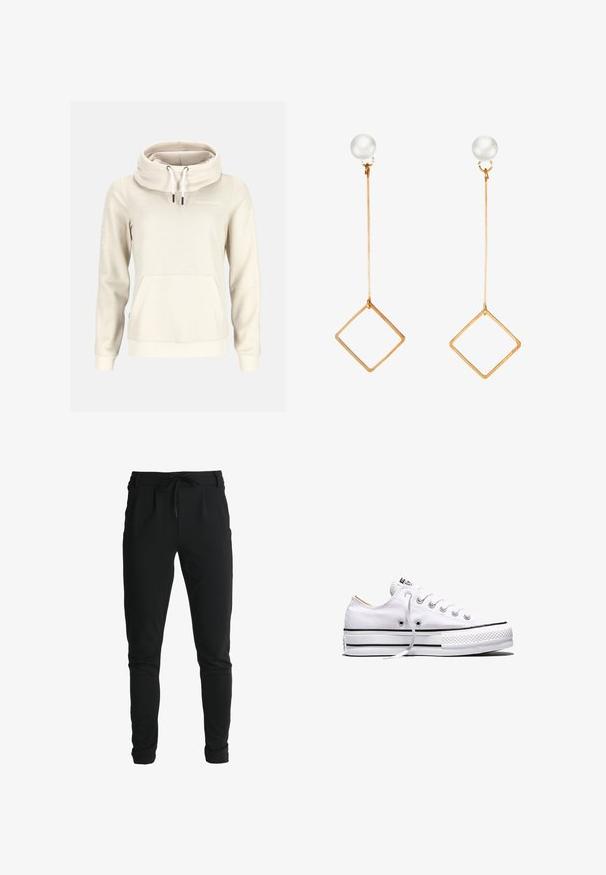 Beigefarbener Hoodie mit langen Ärmeln, hohem Kragen, weißen Kordeln, Kängurutasche vorn und kleinem "Swedemount"-Logo auf der Brust.; ONLY Tall ONLPOPTRASH LIFE EASY - Jogginghose - black; Weißer Canvas-Sneaker in niedriger Ausführung mit weißen Schnürsenkeln, schwarzen Streifen an der Sohle und gummiertem, strukturiertem Zehenschutz, Seitenansicht vor weißem Hintergrund.; Goldfarbene Ohrringe mit einem langen geraden Pfosten, die einen runden Perlenstecker und eine hängende geometrische Diamantform zeigen.