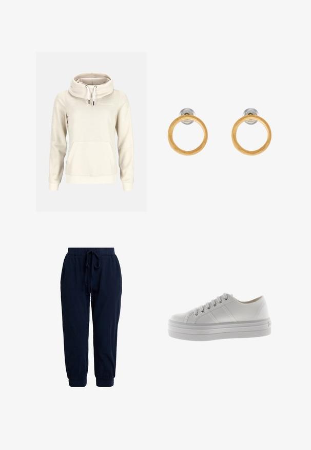 Beige hoodie met lange mouwen, hoge kraag, witte trekkoorden, een kangoeroezak aan de voorkant en klein "Swedemount" logo op de borst.; Donkerblauwe joggingbroek gemaakt van zachte stof. Voorzien van een elastische tailleband met trekkoord en gebreide boorden bij de enkels voor een comfortabele pasvorm.; Witte lage canvas sneaker met dikke zool, veters aan de voorkant en stikdetails aan de zijkant.; Gouden metalen oorbellen met cirkelvormige houten accenten, met een gladde textuur en een minimalistisch ontwerp. De silhoutte benadrukt eenvoud.