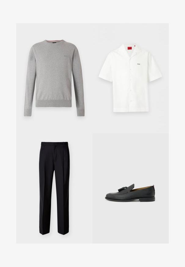 Pull gris avec col rond, manches longues, poignets et ourlet côtelés, avec un logo discret sur la poitrine et des accents rayés au niveau de l'encolure.; Chemise blanche à manches courtes avec col ouvert, petit logo "HUGO" sur la poitrine et étiquette de marque rouge à l'intérieur du col.; Pantalon noir ajusté à coupe droite, avec un devant plissé et des poches latérales. Confectionné dans un tissu lisse et léger à motif uni.; Mocassin pour homme en cuir noir avec pompons, bout arrondi, petit talon et languette à l'arrière, présenté de profil sur un fond gris clair.