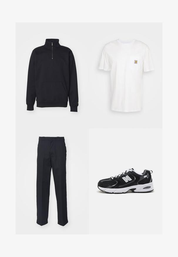 Zwarte fleece sweatshirt met een kwart rits, hoge kraag, geribde manchetten, een kangoeroezak en een kleine gouden logo-accent op de mouw.; Witte katoenen t-shirt met korte mouwen, een borstzak en een klein vierkant logo-opdruk in oranje en wit op de zak.; Zwarte op maat gemaakte broek met rechte pijpen, gemaakt van gladde stof, met een tailleband met lussen en zonder zichtbare patronen of hardware.; Zwarte en grijze sport schoenen met een bovenwerk van mesh en suede, voorzien van een witte tussenzool, veters en een gedurfde "N"-logo aan de zijkant.
