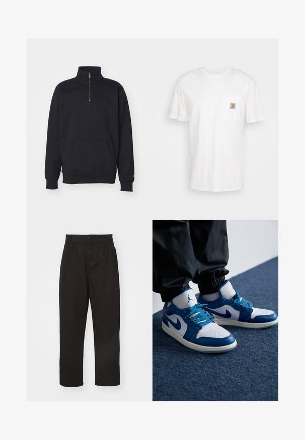 Schwarzer Fleece-Quarter-Zip-Sweatshirt mit hohem Kragen, gerippten Bündchen, Kängurutasche und kleinem goldenen Logo-Akzent am Ärmel.; Weißes Baumwoll-T-Shirt mit kurzen Ärmeln, einer Brusttasche und einem kleinen quadratischen Logopatch in Orange und Weiß auf der Tasche.; Schwarze Hose aus glattem Stoff, mit Knopfverschluss, geradem Schnitt und zwei vorderen Falten für zusätzlichen Detail.; Die Nike Air Jordan Sneakers verfügen über eine weiße Lederbasis mit blauen synthetischen Akzenten, einer perforierten Zehenbox und blauen Schnürsenkeln.
