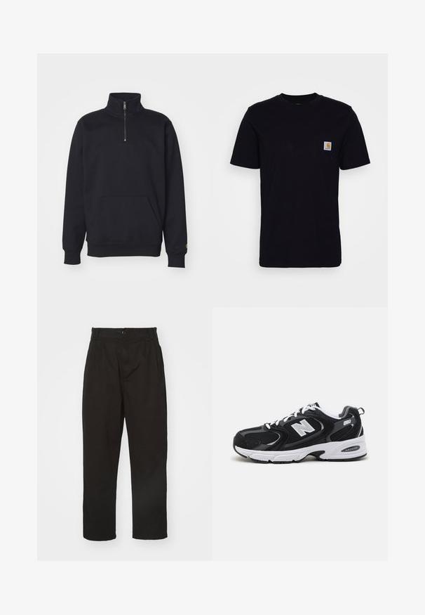 Schwarzer Fleece-Quarter-Zip-Sweatshirt mit hohem Kragen, gerippten Bündchen, Kängurutasche und kleinem goldenen Logo-Akzent am Ärmel.; Schwarzes Baumwoll-T-Shirt mit kurzen Ärmeln, rundem Hals und einer Brusttasche, die mit einem kleinen, quadratischen Logo-Patch versehen ist. Einfaches, einfarbiges Design.; Schwarze Hose aus glattem Stoff, mit Knopfverschluss, geradem Schnitt und zwei vorderen Falten für zusätzlichen Detail.; Schwarze und graue Sportschuhe mit Obermaterial aus Mesh und Wildleder, ausgestattet mit einer weißen Zwischensohle, Schnürsenkeln und einem markanten "N"-Logo an der Seite.