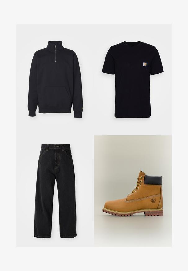 Schwarzer Fleece-Quarter-Zip-Sweatshirt mit hohem Kragen, gerippten Bündchen, Kängurutasche und kleinem goldenen Logo-Akzent am Ärmel.; Schwarzes Baumwoll-T-Shirt mit kurzen Ärmeln, rundem Hals und einer Brusttasche, die mit einem kleinen, quadratischen Logo-Patch versehen ist. Einfaches, einfarbiges Design.; Schwarze, weit geschnittene Jeans mit hoher Taille, vorderem Knopf, Reißverschluss und gelben Nähten an Taschen und Nähten.; Brauner Leder-Stiefelette mit schwarzem Kragen, gelben Schnürsenkeln und hellbrauner Sohle. Verfügt über ein Logo und weiße Ziernähe. Robuste Profilsohle.