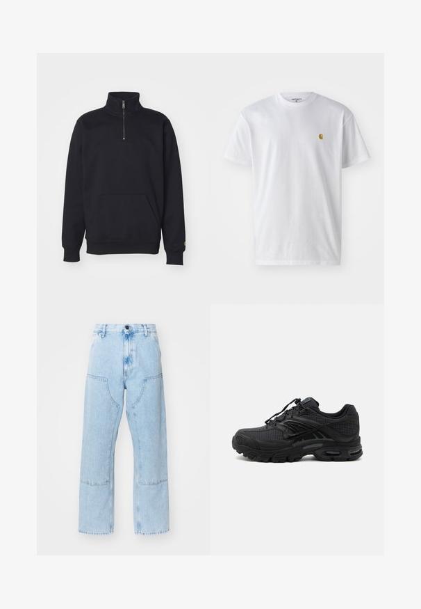 Zwarte fleece sweatshirt met een kwart rits, hoge kraag, geribde manchetten, een kangoeroezak en een kleine gouden logo-accent op de mouw.; Witte katoenen t-shirt met korte mouwen en ronde hals, voorzien van een klein gouden logo op de linkerkant van de borst. Zachte textuur en een normale pasvorm.; Lichtblauwe, rechte denimjeans met grote voorkezen en contrasterende stiksels. De stof heeft een vervaagde, zachte textuur.; Zwarte atletische sneaker met textuurstof, dikke gevoerde zool, luchtopeningen en vetersluiting, vanaf de zijkant weergegeven tegen een lichte achtergrond.