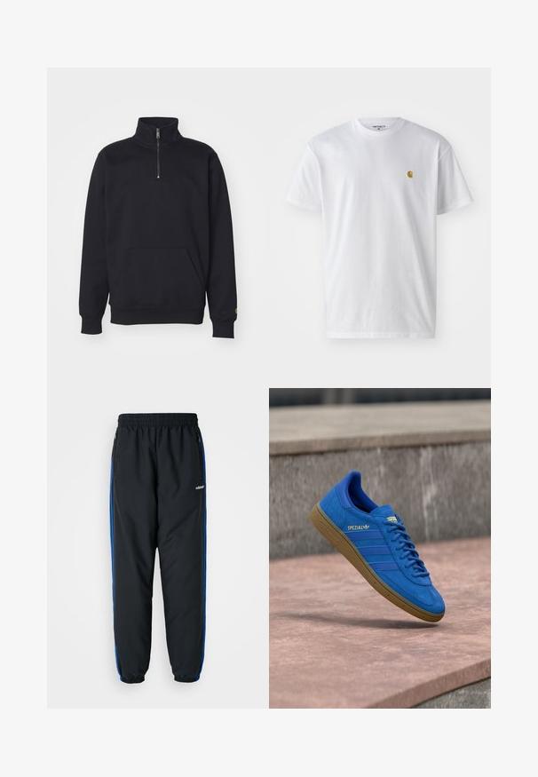 Sort fleece sweatshirt med kvart lynlås, høj krave, ribbede manchetter, kengurulomme og en lille guld logo accent på ærmet.; Hvid bomulds t-shirt med korte ærmer, rund hals og et lille guld logo på venstre brystområde. Blød tekstur og almindelig pasform.; Sorte atletiske bukser med elastisk talje, blå sideløb, lynlåslommer og tætsiddende benafslutninger for en stram pasform. Lavet af let materiale.; Blå Adidas Spezial sneaker med gummisål, snørebånd bundet, hængende over en glat stens overflade nær en grå betonvæg.