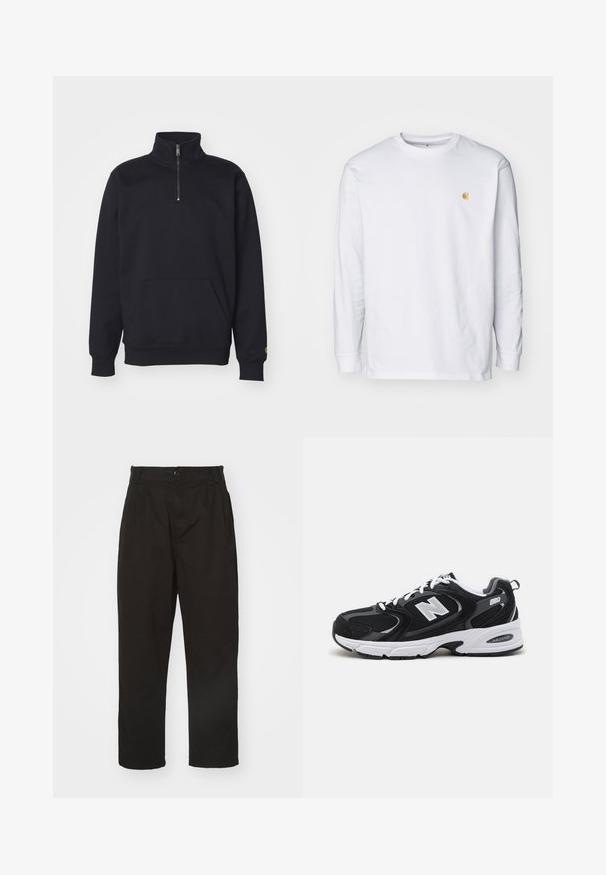 Schwarzer Fleece-Quarter-Zip-Sweatshirt mit hohem Kragen, gerippten Bündchen, Kängurutasche und kleinem goldenen Logo-Akzent am Ärmel.; Weißes Langarm-T-Shirt aus Baumwolle. Mit kleinem goldenem Logo auf der Brust und Rundhalsausschnitt. Einfaches Design und normale Passform.; Schwarze Hose aus glattem Stoff, mit Knopfverschluss, geradem Schnitt und zwei vorderen Falten für zusätzlichen Detail.; Schwarze und graue Sportschuhe mit Obermaterial aus Mesh und Wildleder, ausgestattet mit einer weißen Zwischensohle, Schnürsenkeln und einem markanten "N"-Logo an der Seite.