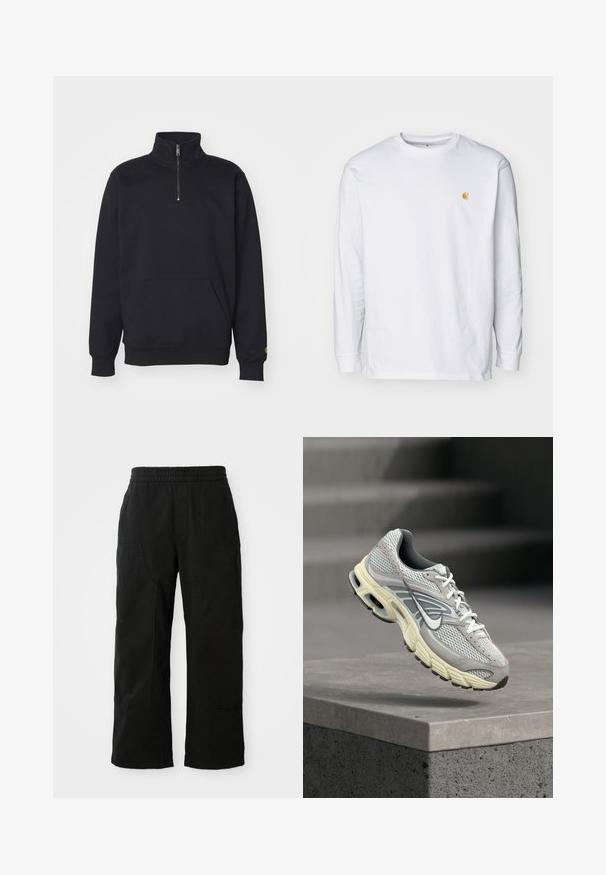 Sort fleece sweatshirt med kvart lynlås, høj krave, ribbede manchetter, kengurulomme og en lille guld logo accent på ærmet.; Hvid langærmet t-shirt lavet af bomuld. Har et lille gyldent logo på brystet og en rund halsudskæring. Enkel design og standard pasform.; Sorte bomuldsbukser med elastisk talje, vid bendesign og store sidelommer. Stoffet virker blødt med en glat tekstur.; Grå og hvid Nike løbesko med polstret sål, svævende over et betontrin i et udendørs miljø.