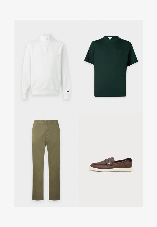 Sweat-shirt blanc à manches longues avec fermeture éclair au quart, col montant, poignets et ourlet côtelés, logo Lacoste sur le poignet et écusson sur la poitrine à l'avant.; T-shirt vert foncé à manches courtes avec col rond et petit logo brodé sur le côté gauche de la poitrine.; Pantalon en coton léger de couleur vert olive avec une taille élastiquée, une fermeture à boutons, et une coupe droite. Pas de motifs ou accents visibles.; Mocassin en cuir marron avec semelle en caoutchouc blanche, design slip-on et petit logo crocodile métallique sur la lanière latérale.