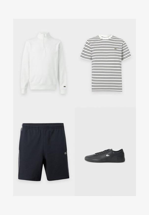 Sweat-shirt blanc à manches longues avec fermeture éclair au quart, col montant, poignets et ourlet côtelés, logo Lacoste sur le poignet et écusson sur la poitrine à l'avant.; T-shirt blanc à manches courtes avec des rayures horizontales noires et un petit logo de crocodile vert sur le côté gauche de la poitrine.; Shorts de sport noirs avec une taille élastique, des bandes blanches sur les côtés et un petit logo de crocodile vert sur la jambe droite.; Sneaker en cuir noir avec bout arrondi, semelle plate et logo blanc sur le côté. Présente des lacets noirs et une finition lisse et mate.