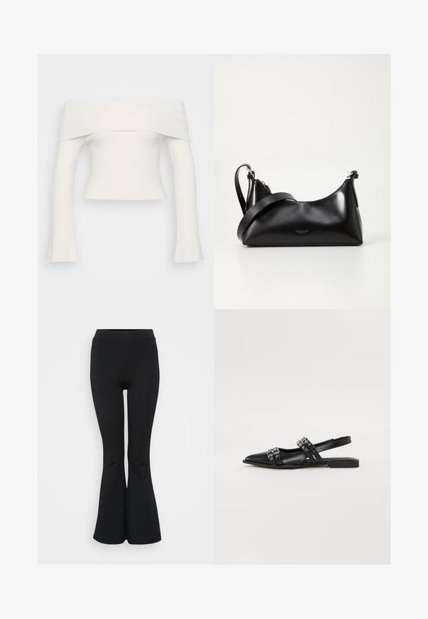 Top de punto a rayas, sin hombros, en color blanco. Diseño corto con mangas largas que se abren en las muñecas. Textura suave, con un detalle mínimo.; Leggings acampanados negros hechos de material elástico. Presentan una cinturilla alta y una textura suave. Terminan en un dobladillo acampanado.; Even&Odd by Zalando Bailarinas con tira trasera - black; Bolso de mano de cuero negro con una textura suave. Cuenta con una correa ajustable y un diseño elegante y minimalista con cierre de cremallera.