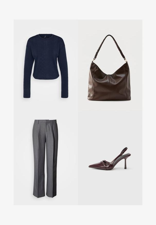 Námornícky modrý skrátený sveter z textúrovanej priadze s dlhými rukávmi, ktorý má okrúhly výstrih a zložitý vzor copánkov po celom povrchu.; Sivé nohavice na mieru s plochým predným dielom, rovnými nohavicami a jemnou textúrou; obsahujú bočné vrecká a hladký pás.; Bordové lodičky zo lesklej koženky so špičatou špičkou, tenkým remienkom na členku a malou dekoratívnou prackou. Hladká textúra a vysoký opätok.; Tmavohnedá kožená kabelka cez rameno s pleteným uchom a viditeľnými detailmi švov na prednej strane.