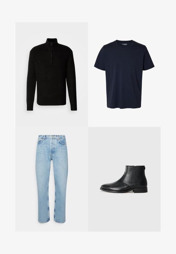 Pull noir côtelé avec un col montant et une courte fermeture éclair au cou ; manches longues et coupe décontractée, confectionné dans un matériau texturé.; T-shirt bleu marine uni à manches courtes avec une petite étiquette de marque imprimée à l'intérieur du col.; Jean en denim bleu clair avec une coupe droite, taille haute, design à cinq poches et détails de couture visibles sur les coutures et les ourlets.; Botte cheville en cuir noir avec un bout arrondi, texture lisse, talon bas et un détail de fermeture éclair sur le côté pour un enfilage facile.