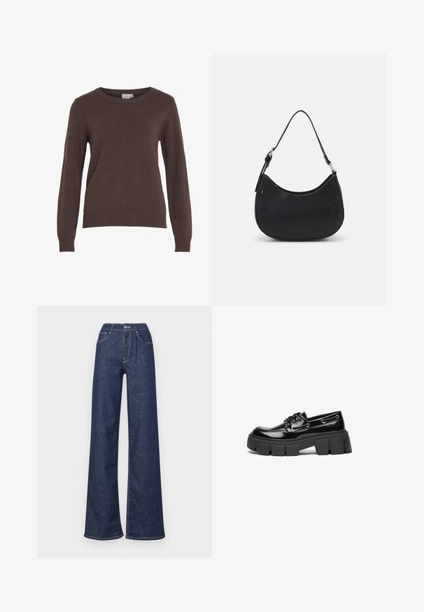 VILA VIRIL O-NECK L/S KNIT TOP - NOOS - Trui - coffee bean; Wijde denim jeans in donkerblauw, met een hoge taille, voorzakken, zichtbare stiksels en een schone afwerking aan de onderkant.; Zwarte gepatineerde leren instappers met een chunky zwart plateauzool en decoratieve oogjes. Gladde textuur met ronde neus en vetersluiting.; Zwarte hobo tas van soepel leer met een gebogen silhouet, voorzien van een enkele verstelbare schouderriem en minimalistische ontwerpdetails.