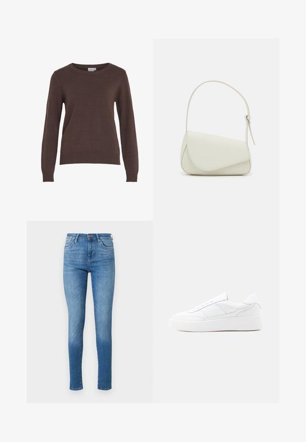 VILA VIRIL O-NECK L/S KNIT TOP - NOOS - Striktrøje - coffee bean; Slanke jeans i medium blå denim. Høj talje, fem-lomme design, med subtile slidmærker. Syninger fremhæver sømme og kant.; Hvid lavtop-sneaker med tyk sål, snørelukning og diskrete syningsdetaljer på en ensfarvet lys baggrund.; Hvid taske i faux læder med en struktureret trekantet form, enkelt justerbart skulderstrop og en flaplås med kurver.