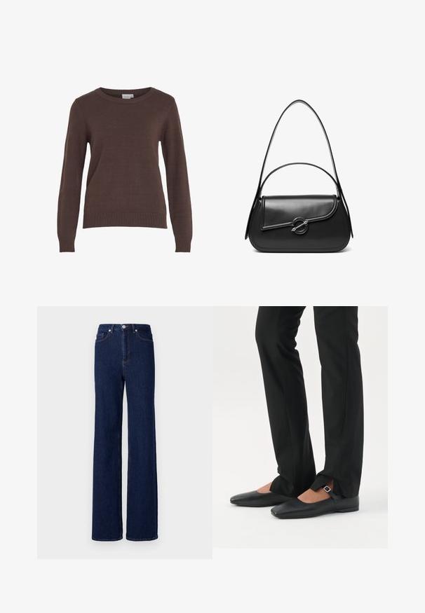 VILA VIRIL O-NECK L/S KNIT TOP - NOOS - Striktrøje - coffee bean; Mørkeblå denim jeans med høj talje, bred benudskæring og klassisk fem-pocket design. Afsluttet med kontrastsyning og en metalknap.; Ben iført sorte smalle bukser med forreste slidser ved kanten, parret med sorte flade Mary Jane-sko med lille spænde.; Sort skuldertaske i læder med en buet klap, der er fastgjort med en rund metal spænde, og en slank, justerbar rem.