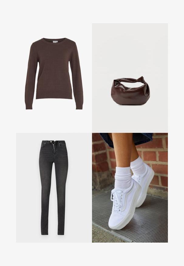 VILA VIRIL O-NECK L/S KNIT TOP - NOOS - Striktrøje - coffee bean; Sorte højtaljede skinny jeans lavet af denim, med lynlås, fem-lomme design og glat tekstur med let falmning.; Hvide lærreds sneakers med gummisåler, der har seks snørehuller, rund tå og let sømdetaljer, krydret med hvide ankelstrømper.; Mørkebrun læder skuldertaske med en blød, afslappet form og et snoet knudehåndtag på en ensartet hvid baggrund.