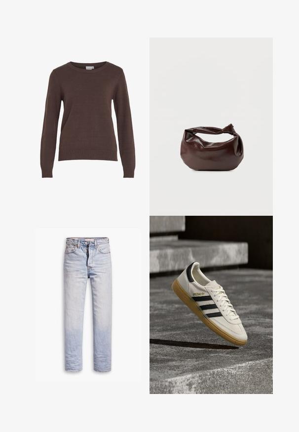 VILA VIRIL O-NECK L/S KNIT TOP - NOOS - Pullover - coffee bean; Jean en denim bleu clair avec une coupe droite, dotés d'une fermeture à boutons, de cinq poches et d'un léger délavage sur les jambes.; Baskets Adidas Spezial blanches avec des rayures noires et une semelle en gomme flottant au-dessus de marches en pierre grises à l'extérieur.; Sac bandoulière en cuir marron foncé avec une forme souple et décontractée et une anse nouée torsadée sur un fond blanc uni.