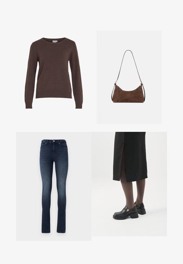 VILA VIRIL O-NECK L/S KNIT TOP - NOOS - Svetrík - coffee bean; Tmavomodré denimové džínsy so slim fit strihom, vysokým pásom, dizajnom s piatimi vreckami a zapínaním na kovový gombík. Hladká textúra s miernym vyblednutím.; Žena má na sebe čierne mokasíny s hrubým podpätkom, priehľadné čierne pančuchy a čiernu sukňu s rázporkom vzadu na bielom pozadí.; Hnedá semišová kabelka cez rameno s zakriveným horným zipsom a tenkým nastaviteľným popruhom, zobrazená na jednoduchom svetlom pozadí.