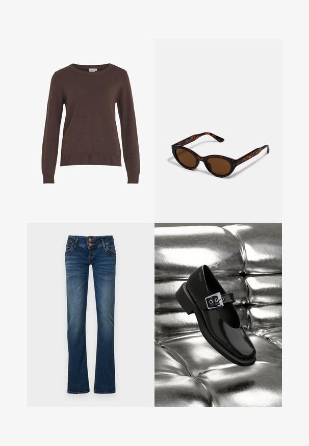 VILA VIRIL O-NECK L/S KNIT TOP - NOOS - Pullover - coffee bean; Jean bootcut bleu foncé avec deux boutons à l'avant, cinq poches et un léger délavage sur les cuisses et les genoux.; Chaussure Mary Jane en cuir noir avec un bout carré, un accent de boucle en argent et un talon bas épais, sur un fond argenté brillant.; Lunettes de soleil en écaille de tortue marron avec une forme vintage de lunettes cat-eye et des verres marron. Présente des branches courbées avec des accents rouges.