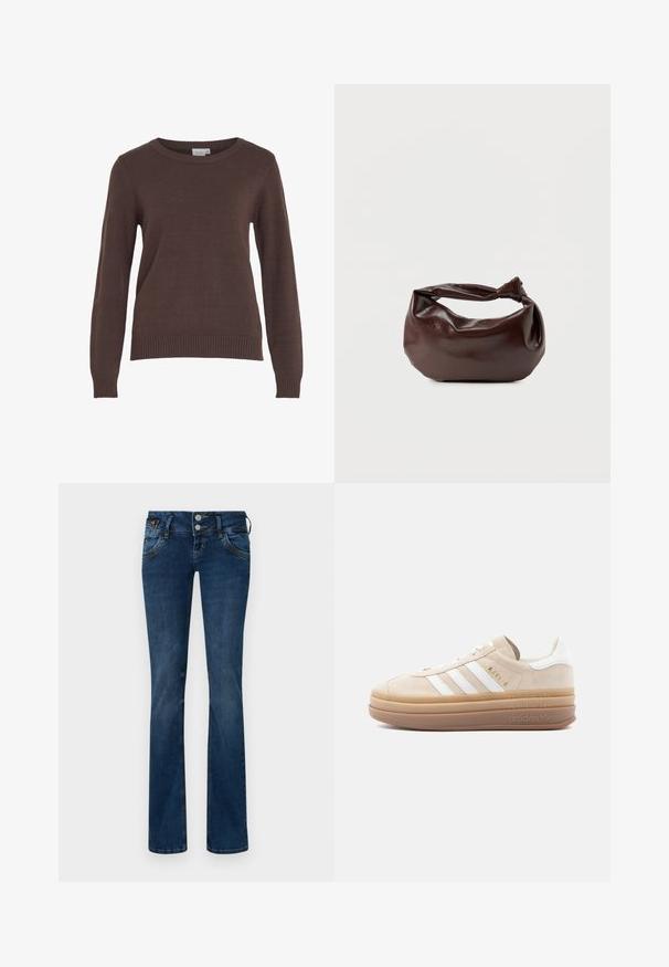 VILA VIRIL O-NECK L/S KNIT TOP - NOOS - Trui - coffee bean; Donkerblauwe denimjeans met een licht vervaagde afwerking, voorzien van een klassiek vijf-pocket ontwerp en een twee-knopen sluiting aan de voorkant.; Beige suède sneaker met witte leren accenten, voorzien van drie witte strepen, een gouden logo en een dikke, doorschijnende rubberen zool.; Donkerbruine leren schoudertas met een zachte, slungelige vorm en een gedraaide knoopvormige handgreep op een effen witte achtergrond.