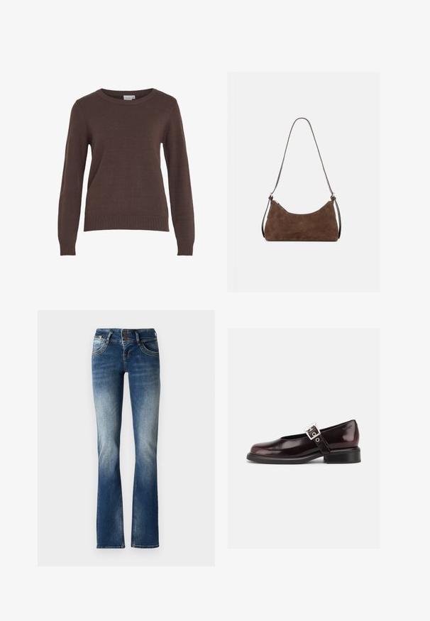 VILA VIRIL O-NECK L/S KNIT TOP - NOOS - Svetrík - coffee bean; Modré deninové zvonové nohavice s jemne vyblednutou praním, dvoma gombíkmi na zapínanie a dekoratívnym prešívaním na predných vreckách.; Jediná lesklá tmavá burgundská obuv Mary Jane so širokým remienkom a striebornou prackou, nízkym blokovým podpätkom a zaoblenou špičkou na bielom pozadí.; Hnedá semišová kabelka cez rameno s zakriveným horným zipsom a tenkým nastaviteľným popruhom, zobrazená na jednoduchom svetlom pozadí.