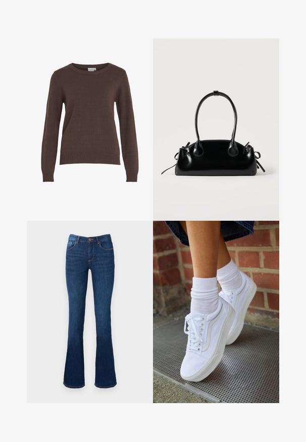 VILA VIRIL O-NECK L/S KNIT TOP - NOOS - Svetrík - coffee bean; Uvoľnené modré riflové nohavice s stredným pásom, ktoré majú predné a zadné vrecká, oranžové švy a zapínanie na gombík.; Biele plátené tenisky s gumovou podrážkou, s piatimi dierkami na šnúrky, okrúhlou špičkou a svetlými švami, doplnené o biele členkové ponožky.; Malá čierna lesklá kabelka s dvoma dlhými rúčkami a bočnými šnúrkovými detailmi na jednoduchom svetlom pozadí.