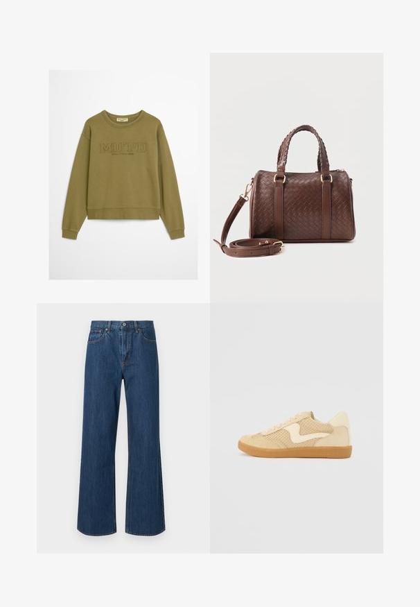 Olivengrøn sweatshirt med ribbede mansjetter og kant. Har præget tekst "MO'PD" og "Marc O'Polo DENIM" under kraven. Blød stoftekstur.; Bredde denimjeans i mellemblå, med høj talje, frontlommer og subtile stikninger. Glat tekstur med afrundede bundkanter.; Beige sneakers med ruskind og mesh-materialer, rund form, fremtrædende polstret krave og en gummikondisko. Har et bølge-design som accent.; Mørkebrun flettet læderhåndtaske med to fletninger som håndtag, gyldent metalbeslag og aftagelig skulderrem, der er snoet foran.