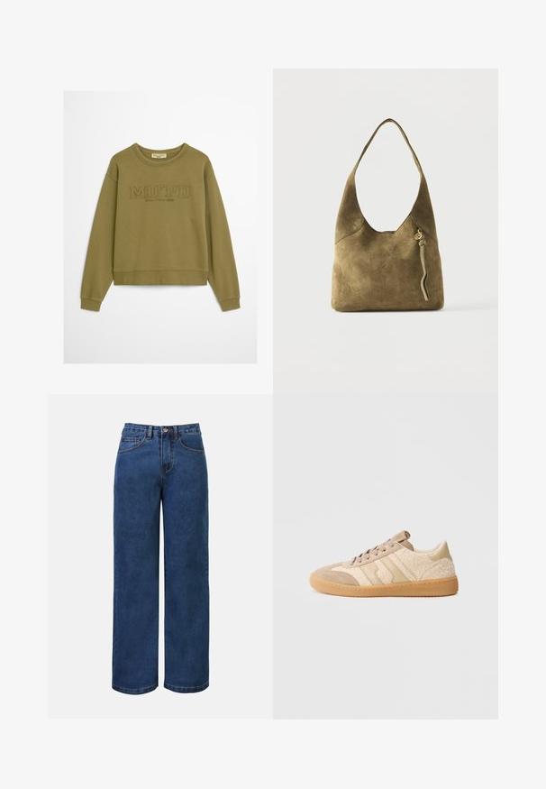 Olivovo zelená mikina so žebrovanými manžetami a spodným lemom. Obsahuje embosovaný text "MO'PD" a "Marc O'Polo DENIM" pod golierom. Jemná textúra tkaniny.; Tmavomodré denimové nohavice so širokými nohavicami a vysokým pásom, s gombíkovým zapínaním, pútkami na opasok a prednými a zadnými vreckami. Hladká textúra.; Béžové tenisky s kombináciou semišu a textúrovaného materiálu, so podrážkou z gumy a kontrastnými béžovými pruhmi. Guľatý tvar špičky a šnurovací dizajn.; Olívovo zelená semišová kabelka cez rameno s jedným popruhom, zaobleným horným okrajom a dekoračným strapcom so zlatým príveskom vpredu.