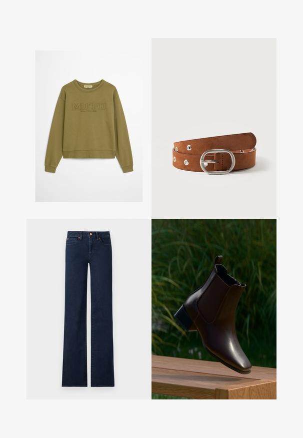 Olivovo zelená mikina so žebrovanými manžetami a spodným lemom. Obsahuje embosovaný text "MO'PD" a "Marc O'Polo DENIM" pod golierom. Jemná textúra tkaniny.; Tmavomodré džínsové nohavice s vysokým pásom, rovné široké nohavice, predné vrecká a detaily z medených nitov na bielom pozadí.; Tmavohnedá kožená členková obuv s nízkym podpätkom a pútkom, zobrazená vo vzduchu nad drevenou lavičkou so zelenými rastlinami v pozadí.; Hnedý semišový opasok so striebornou oválnou prackou a kovovými okami, stočený na bielom pozadí.