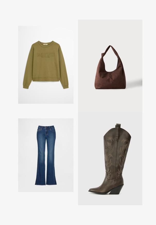 Olivengrøn sweatshirt med ribbede mansjetter og kant. Har præget tekst "MO'PD" og "Marc O'Polo DENIM" under kraven. Blød stoftekstur.; Blå denimjeans med vidde ved benene, høj talje, fem lommer og kontrastsyning. Har knap- og lynlåslukning samt en struktureret finish.; Brune læder cowboystøvle med spids tå, kilehæl og dekorativ broderi. Har en høj stok og en trækflap.; Brun tekstureret stofhåndtaske med et enkelt håndtag bundet i en knude, vist mod en ensfarvet lys baggrund.