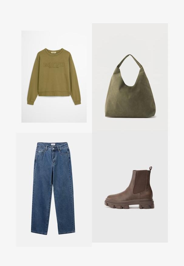 Olive roheline dressipluus soonikuvarrukatega ja -äärtega. Sisaldab väljatrükitud teksti "MO'PD" ja "Marc O'Polo DENIM" krae all. Pehme kangastekstsuur.; Klassikalised sinised denimists teksad otsejalaga disainiga, viie taskuga ja nööbisuletusega. Omab keskmist pesu ja tugevat tekstuuri.; Pruunid pahkluu saapad, mis on valmistatud tekstuurilisest materjalist, elastsete külgpanelidega, tõmbenööriga ja jäme lug-soolega, mis tagab parema haarde.; Õlivärviroheline pehme nahast õlakott laiutava ühe rihma ja lõdva, vormitu kuju tõttu helel taustal.