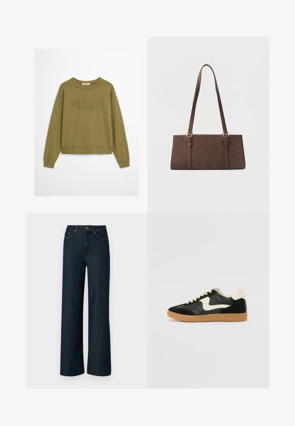 Olijfgroen sweatshirt met ribgebreide cuffs en onderrand. Heeft een reliëftekst "MO'PD" en "Marc O'Polo DENIM" onder de kraag. Zachte stofstructuur.; Kruidige, donkerblauwe denim jeans met brede pijpen, contrasterende oranje stiksels, vijf zakken en een knoopsluiting. Gladtextuur stof.; Zwarte suède en leren sneaker met een crèmekleurige zij-swoosh en lichte crèmekleurige hiel. Voorzien van beige veters en een gumrubberen zool.; Bruine rechthoekige schoudertas met lange riemen en minimale stikdetails op een effen achtergrond.