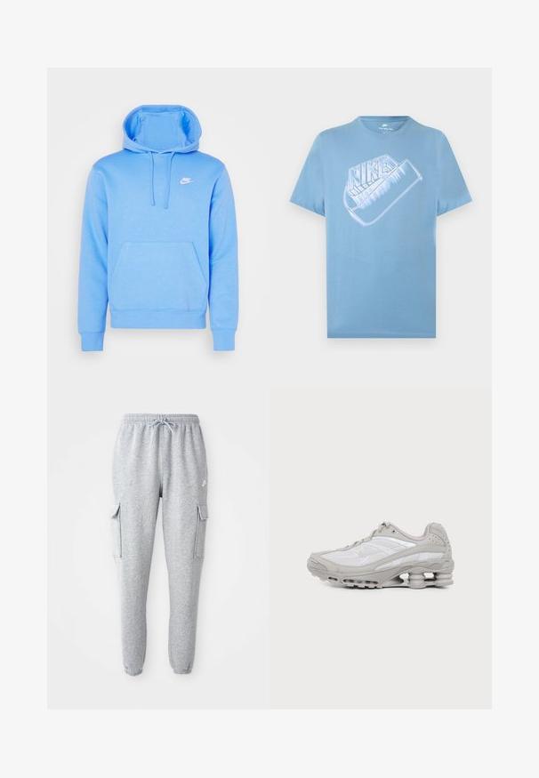 Svetlomodrá mikina Nike vyrobená z mäkkej tkaniny s predným vreckom, kapucňou na šnúrku a bielym logom na hrudi. Klasický puloverový dizajn.; Svetlomodré krátke tričko s krátkym rukávom značky Nike s veľkým štýlovo spracovaným bielym logom Nike a grafikou swoosh na hrudi.; Sivé tepláky vyrobené z jemného materiálu, s elastickým pásom so šnúrkou, dvomi bočnými cargo vreckami a zúženými manžetami.; Šedá a biela športová teniska s viditeľnou podrážkou s vzduchovou vložkou a sieťovinovými panelmi, zobrazená v profile na jednoduchom svetlom pozadí.